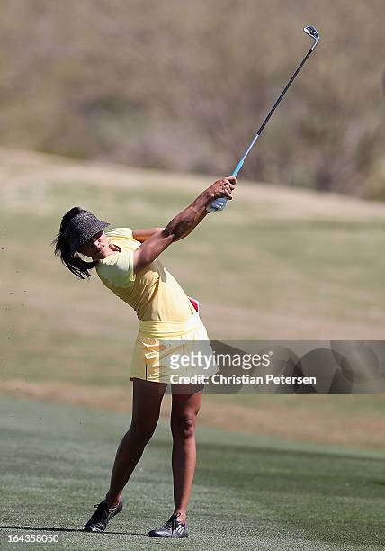 Veronica Felibert of Venezuela plays a shot during the third round of the RR Donnelley LPGA Founders Cup at Wildfire Golf Club on March 16, 2013 in...