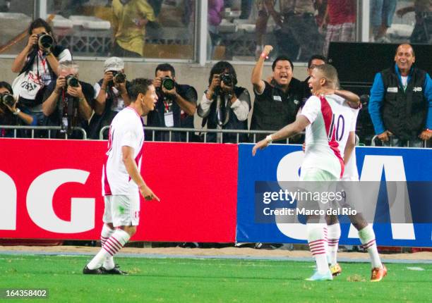 Jefferson Farfan celebrates a goal against Chile during a match between Peru and Chile as part of the 11th round of the South American Qualifiers for...