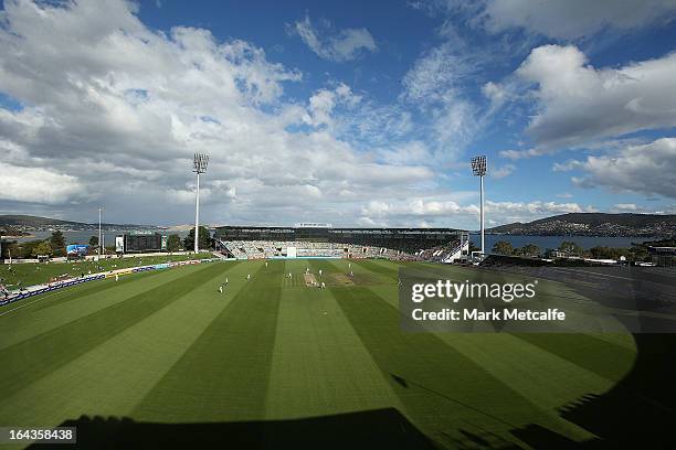 General view of play during day two of the Sheffield Shield final between the Tasmania Tigers and the Queensland Bulls at Blundstone Arena on March...