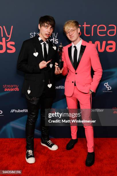 Colby Brock and Sam Golbach pose with the Streamy Award for Unscripted Series during the 2023 Streamy Awards at Fairmont Century Plaza on August 27,...