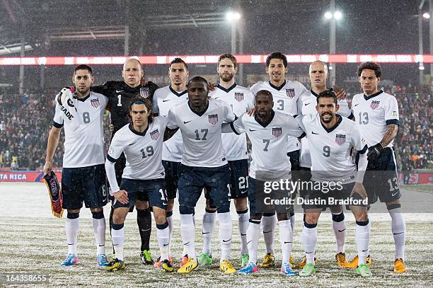 The starting lineup of the United States national team, including Clint Dempsey, Brad Guzan, Graham Zusi, Jozy Altidore, DaMarcus Beasley, Omar...