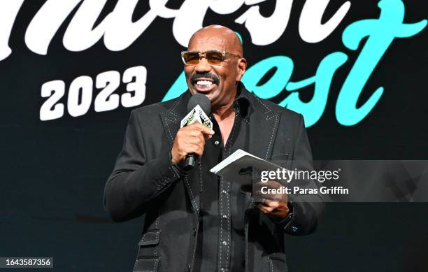 Steve Harvey speaks onstage during Day 2 of 2023 Invest Fest at Georgia World Congress Center on August 27, 2023 in Atlanta, Georgia.