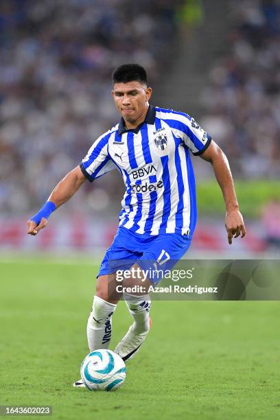 Jesús Gallardo of Monterrey drives the ball during the 6th round match between Monterrey and Cruz Azul as part of Torneo Apertura 2023 Liga MX at...