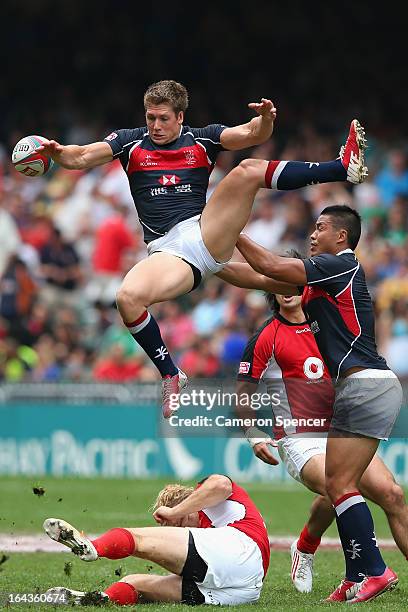 Lee Jones of Hong Kong loses the ball in the air during the match between Canada and Hong Kong during day two of the 2013 Hong Kong Sevens at Hong...