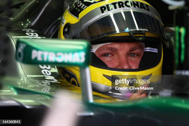 Nico Rosberg of Germany and Mercedes GP prepares to drive during the final practice session prior to qualifying for the Malaysian Formula One Grand...