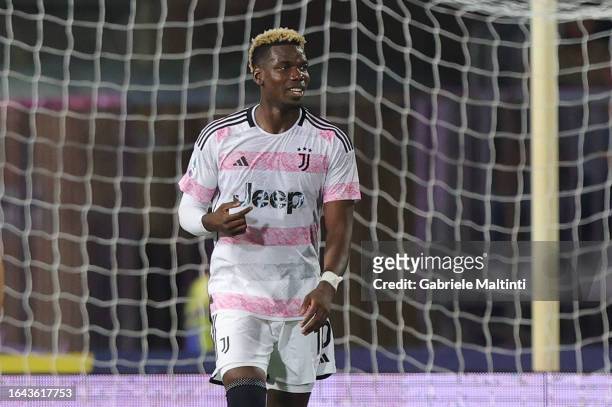 Paul Labile Pogba of Juventus reacts during the Serie A TIM match between Empoli FC and Juventus at Stadio Carlo Castellani on September 3, 2023 in...