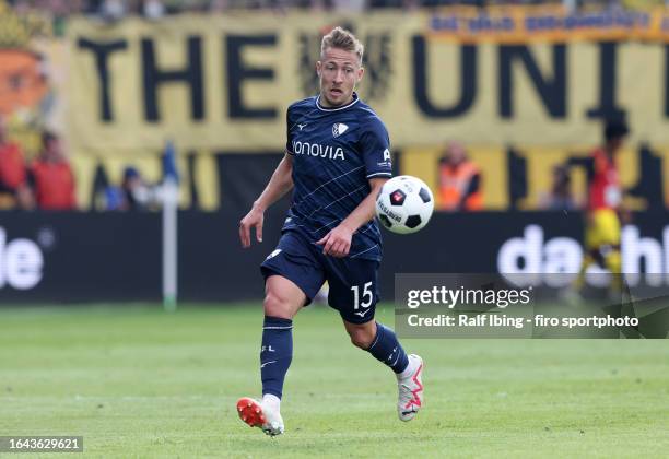 Felix Passlack of VfL Bochum plays the ball during the Bundesliga match between VfL Bochum 1848 and Borussia Dortmund at Vonovia Ruhrstadion on...