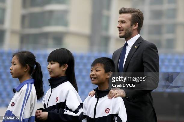 David Beckham attends meeting with the Youth Football Team at Hankou Literary and Sports Center on March 23, 2013 in Wuhan, Hubei Province of China.