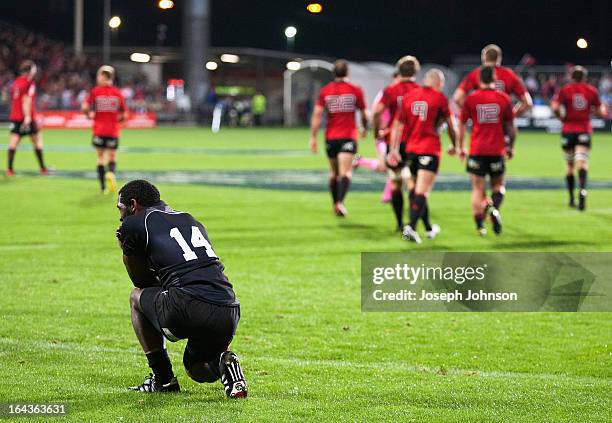 Sergeal Petersen of the Kings reacts after a Crusaders try during the round six Super Rugby match between the Crusaders and the Kings at AMI Stadium...