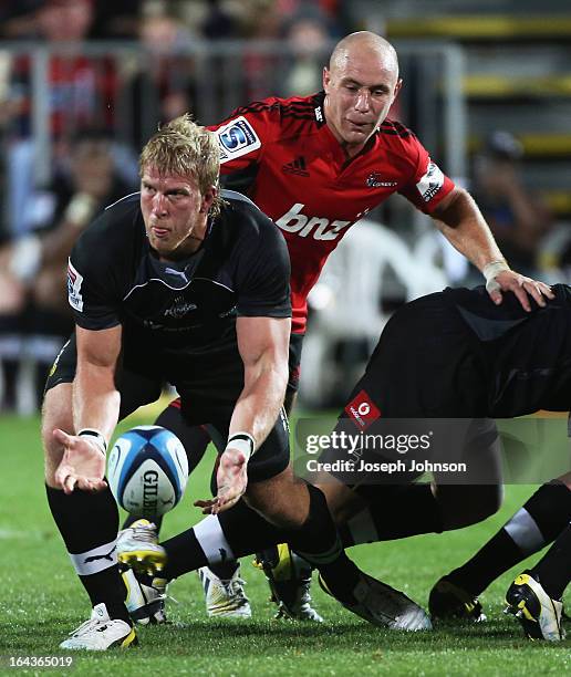 Jacques Engelbrecht of the Kings passes the ball from the back of the scrum during the round six Super Rugby match between the Crusaders and the...