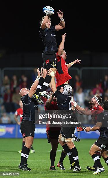 Jacques Engelbrecht of the Kings wins a lineout with Dominic Bird of the Crusaders competing during the round six Super Rugby match between the...