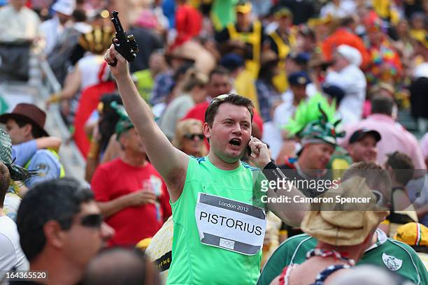 Member of the crowd in fancy dress enjoys the atmosphere during day two of the 2013 Hong Kong Sevens at Hong Kong Stadium on March 23, 2013 in So Kon...