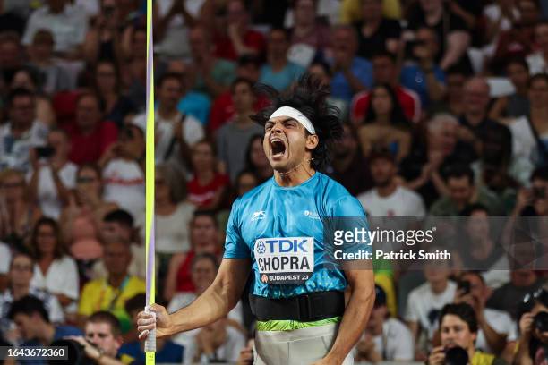 Gold medalist Neeraj Chopra of Team India celebrates in the Men's Javelin Throw Final during day nine of the World Athletics Championships Budapest...
