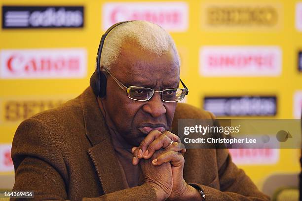 President Lamine Diack talks to the media during the 40th IAAF World Cross Country Championship 2013 Press Conference at the Palac Hotel on March 23,...