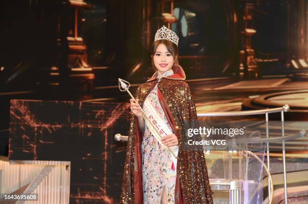 Winner Hilary Chong poses during 2023 Miss Hong Kong Pageant on August 27, 2023 in Hong Kong, China.