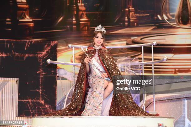 Winner Hilary Chong poses during 2023 Miss Hong Kong Pageant on August 27, 2023 in Hong Kong, China.