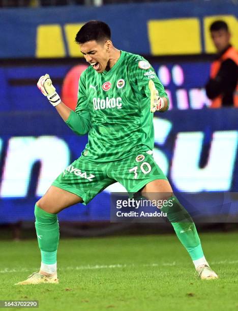 Goalkeeper Irfan Can Egribayat of Fenerbahce celebrates their victory after Turkish Super Lig week 4 match between Fenerbahce and MKE Ankaragucu at...