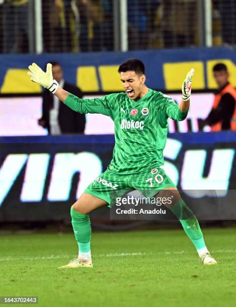 Goalkeeper Irfan Can Egribayat of Fenerbahce celebrates their victory after Turkish Super Lig week 4 match between Fenerbahce and MKE Ankaragucu at...