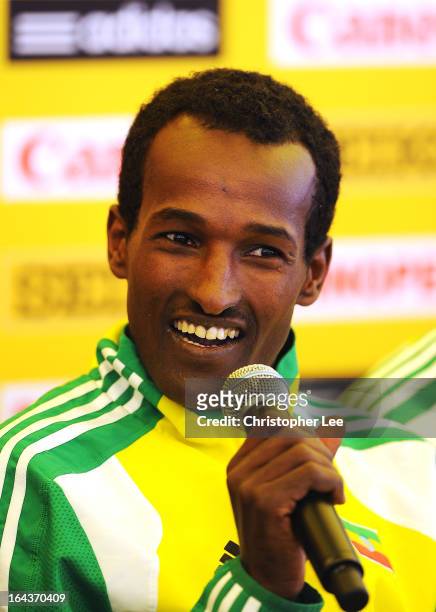 Imane Merga of Ethiopia talks to the media during the 40th IAAF World Cross Country Championship 2013 Press Conference at the Palac Hotel on March...