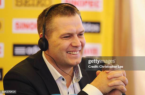 Advisor to the Minister of Sport Sebastian Chmara talks to the media during the 40th IAAF World Cross Country Championship 2013 Press Conference at...