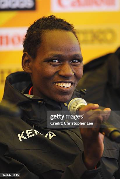 Emily Chebet of Kenya talks to the media during the 40th IAAF World Cross Country Championship 2013 Press Conference at the Palac Hotel on March 23,...