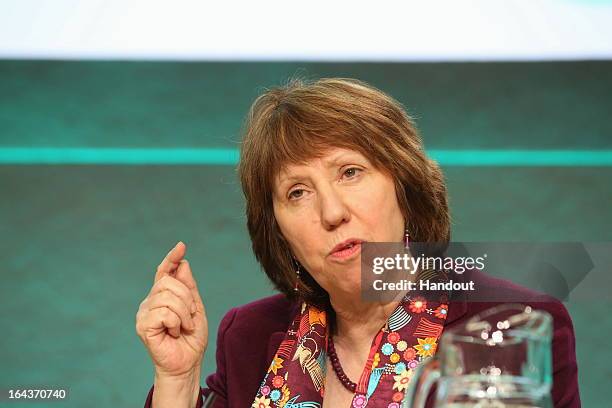 In this handout image provided by The Department of the Taoiseach, Catherine Ashton, Vice-President of the European Commission, attends a press...