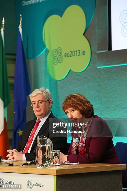 In this handout image provided by The Department of the Taoiseach, Eamon Gilmore TD, Tánaiste and Minister for Foreign Affairs and Trade and...