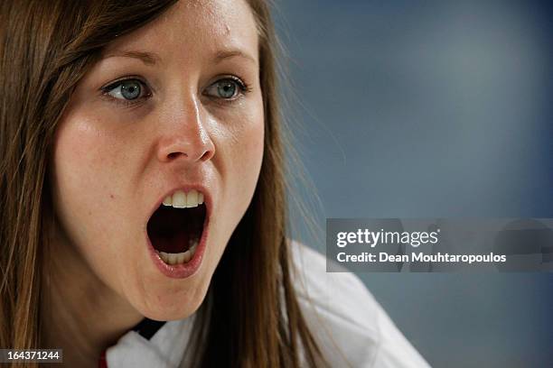 Rachel Homan of Canada screams instructions to team mates during the 3rd and 4th Play-Off between USA and Canada on Day 8 of the Titlis Glacier...