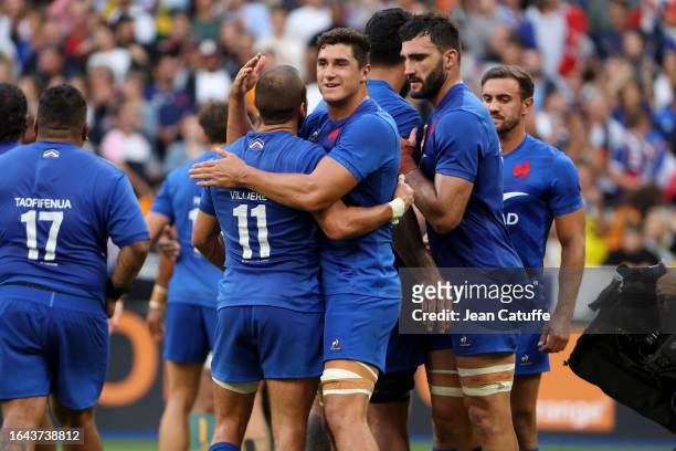 Paul Boudehent and Charles Ollivon of France celebrate the victory following the 2023 Summer International rugby match between France and Australia...