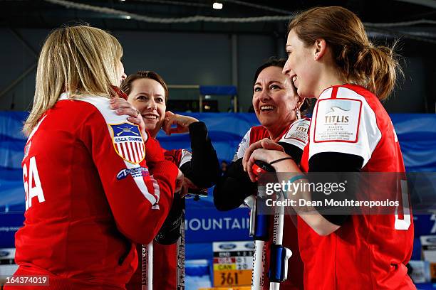 Erika Brown, Ann Swisshelm, Debbie McCormick and Jessica Schultz of the USA speak during the 3rd and 4th Play-Off between USA and Canada on Day 8 of...