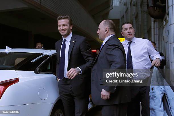 British football player David Beckham attends meeting with the Youth Football Team at Hankou Literary and Sports Centeron March 23, 2013 in Wuhan,...