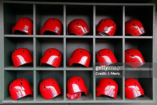 Batting helmets of the Philadelphia Phillies are seen just before the start of the Grapefruit League Spring Training Game against the Baltimore...
