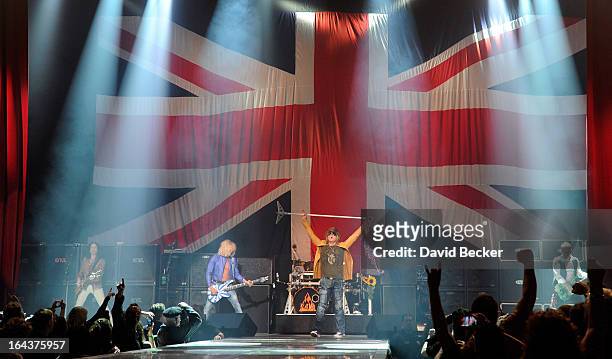 Guitarist Vivian Campbell, bassist Rick Savage, singer Joe Elliott and Phil Collen of Def Leppard performs on the opening night of "VIVA Hysteria!,"...