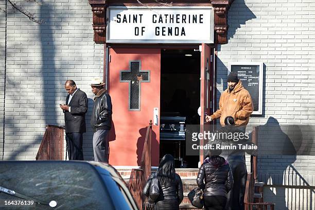 The casket of Kimani Gray rests inside the St. Catherine of Genoa Church as friends and family arrive for his funeral on March 23, 2013 in the...