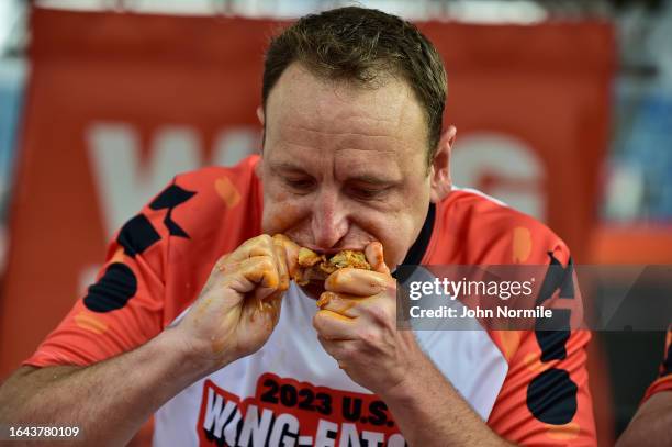 Joey Chestnut takes part in the National Chicken Wing Eating Contest on September 3, 2023 at Highmark Stadium, home of the NFL Buffalo Bills in...