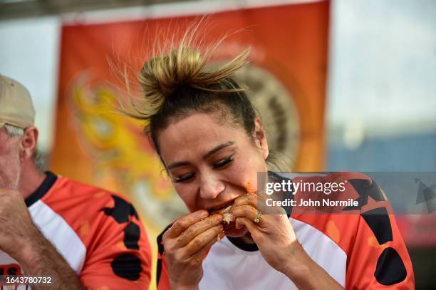 Miki Sudo takes part in the National Chicken Wing Eating Contest on September 3, 2023 at Highmark Stadium, home of the NFL Buffalo Bills in Orchard...