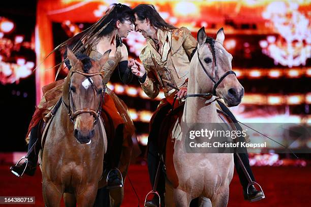 Magali Delgado and Frédéric Pignon ride during the Equitana Hop Top Show at Grugahalle on March 23, 2013 in Essen, Germany.