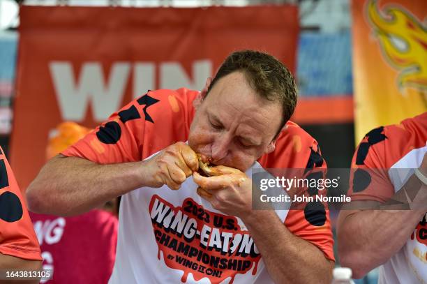 Joey Chestnut the number one ranked competitive eater in the world takes part in the National Chicken Wing Eating Contest on September 3, 2023 at...