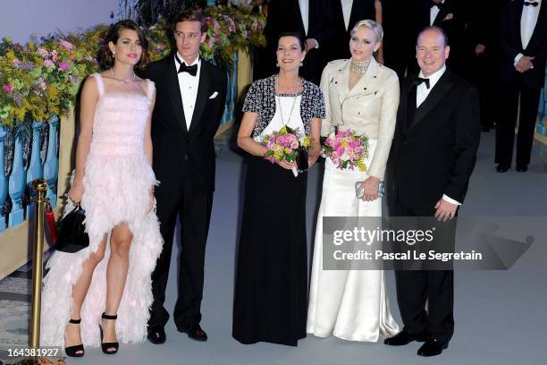 Charlotte Casiraghi, Pierre Casiraghi, Princess Caroline of Hanover, Princess Charlene of Monaco and Prince Albert II of Monaco attend the 'Bal De La...