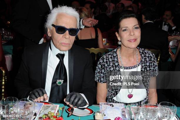 Karl Lagerfeld and Princess Caroline of Hanover attend the 'Bal De La Rose Du Rocher' in aid of the Fondation Princess Grace on the 150th Anniversary...