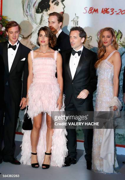 Pierre and Charlotte Casiraghi, French humorist Gad Elmaleh and Countess Beatrice Borromeo pose prior to the annual Rose Ball at the Monte-Carlo...