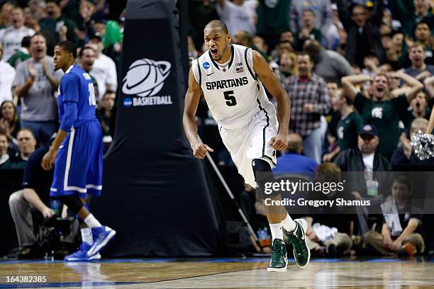 Adreian Payne of the Michigan State Spartans celebrates in the second half against the Memphis Tigers during the third round of the 2013 NCAA Men's...