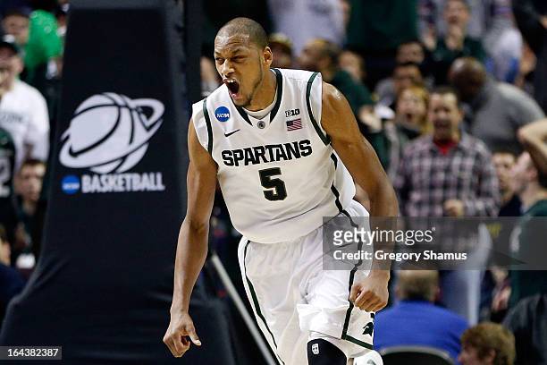 Adreian Payne of the Michigan State Spartans celebrates in the second half against the Memphis Tigers during the third round of the 2013 NCAA Men's...