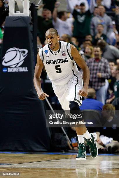 Adreian Payne of the Michigan State Spartans celebrates in the second half against the Memphis Tigers during the third round of the 2013 NCAA Men's...