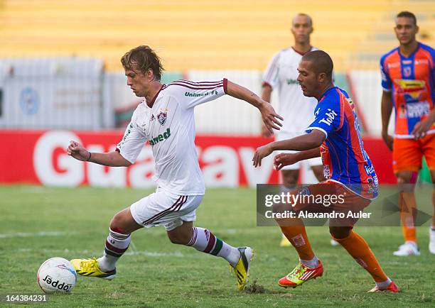 Diguinho of Fluminense fights for the ball during the match between Fluminense and Duque de Caxias as part of Carioca Championship 2013 at Raulino de...