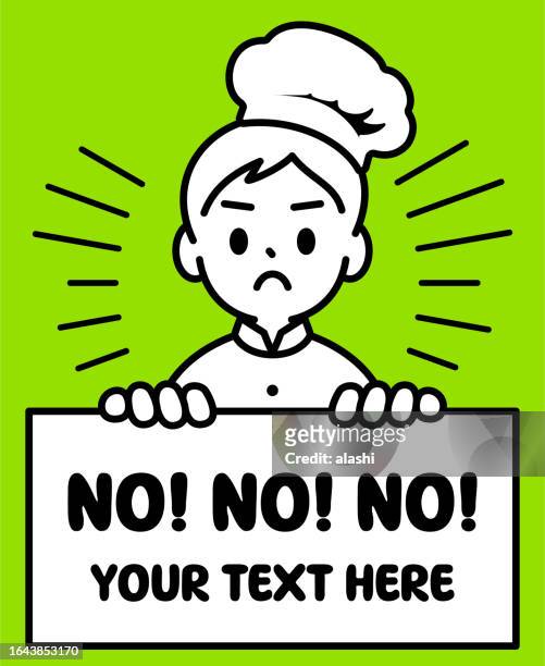 a chef boy holding a blank sign says no, looking at the viewer, minimalist style, black and white outline - no stock illustrations