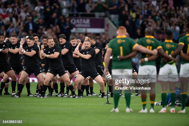 The All Blacks perform The Haka in front of the South Africa team prior to the Summer International match between New Zealand All Blacks v South...