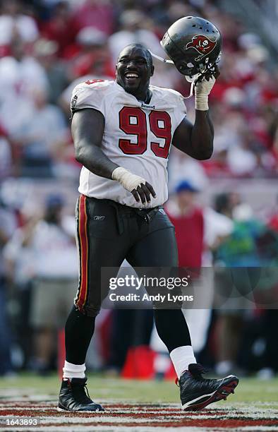 Warren Sapp of the Tampa Bay Buccaneers is pictured in the final minutes of the 38-24 win over the Minnesota Vikings on November 3, 2002 at Raymond...