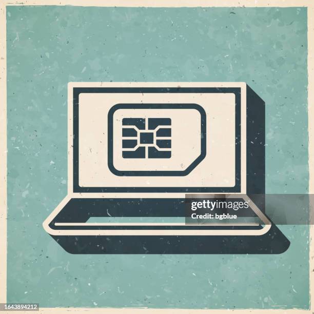 laptop with sim card. icon in retro vintage style - old textured paper - sim card stock illustrations
