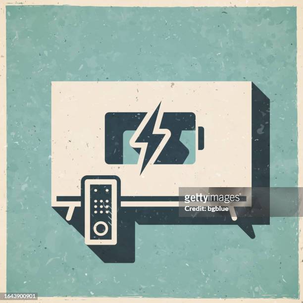 tv with battery charge symbol. icon in retro vintage style - old textured paper - watching thunderstorm stock illustrations
